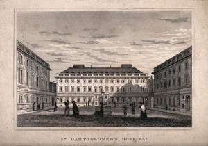 view St Bartholomew's Hospital, London: the courtyard with several people. Engraving by J. Rogers after N. Whittock.