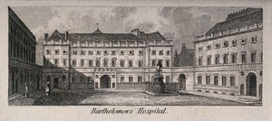 view St Bartholomew's Hospital, London: the courtyard. Engraving by J. Greig.