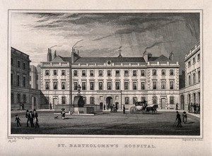 view St Bartholomew's Hospital, London: the courtyard. Engraving.