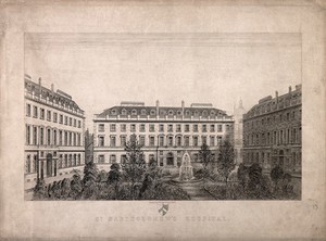 view St Bartholomew's Hospital, London: the courtyard with prominent fountain and foliage. Etching by T. Godart, 1870.