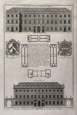 view St Bartholomew's Hospital, London: elevations and a plan of the courtyard, with armorial emblems of the hospital and of the dedicatee. Engraving after B. Cole.