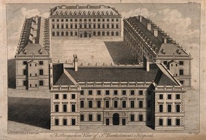 view St Bartholomew's Hospital, London: bird's-eye view of the 1730 courtyard buildings. Engraving by W. H. Toms after R. West after J. Gibbs.