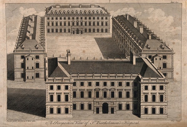 St Bartholomew's Hospital, London: bird's-eye view of the 1730 courtyard buildings. Engraving by W. H. Toms after R. West after J. Gibbs.