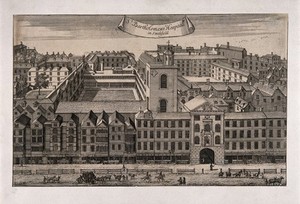 view St Bartholomew's Hospital, London: bird's-eye view of the Henry VIII Gate and courtyard. Engraving by B. Cole, 1720.