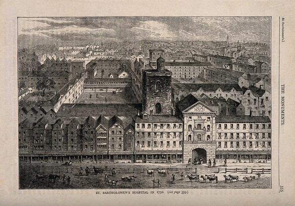 St Bartholomew's Hospital, London: bird's-eye view of the courtyard. Wood engraving by J. B. Swain after W.P. after B. Cole.