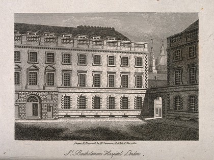 St Bartholomew's Hospital, London: a corner of the Gibbs courtyard with the dome of St Paul's Cathedral seen behind. Engraving by H. Simmons after himself, 1812.