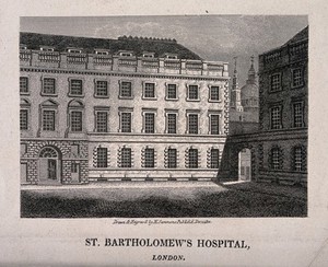view St Bartholomew's Hospital, London: a corner of the Gibbs courtyard with the dome of St Paul's Cathedral seen behind. Engraving by H. Simmons after himself, 1812.
