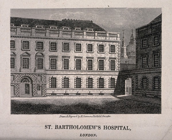 St Bartholomew's Hospital, London: a corner of the Gibbs courtyard with the dome of St Paul's Cathedral seen behind. Engraving by H. Simmons after himself, 1812.