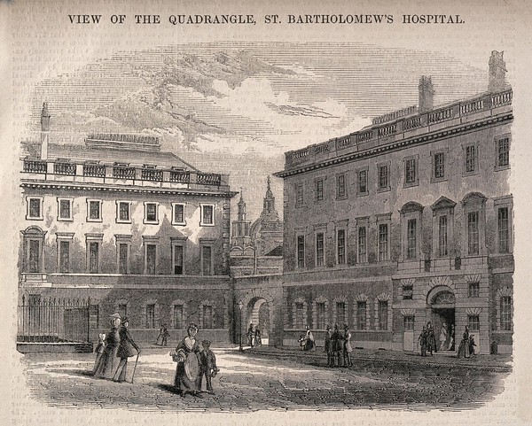 St Bartholomew's Hospital, London: the south-west corner of the Gibbs courtyard, with the dome of St Paul's Cathedral seen behind. Wood engraving.