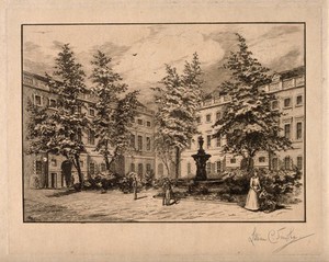 view St Bartholomew's Hospital, London: a corner of the Gibbs courtyard with many trees and the fountain in the centre. Etching by Lillian C. Smythe.