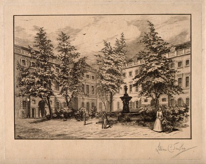 St Bartholomew's Hospital, London: a corner of the Gibbs courtyard with many trees and the fountain in the centre. Etching by Lillian C. Smythe.