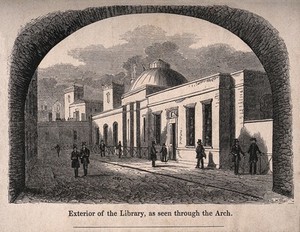 view St Bartholomew's Hospital, London: the library viewed through an archway. Wood engraving by E. Gilks after a photograph by W. A. Delamotte.