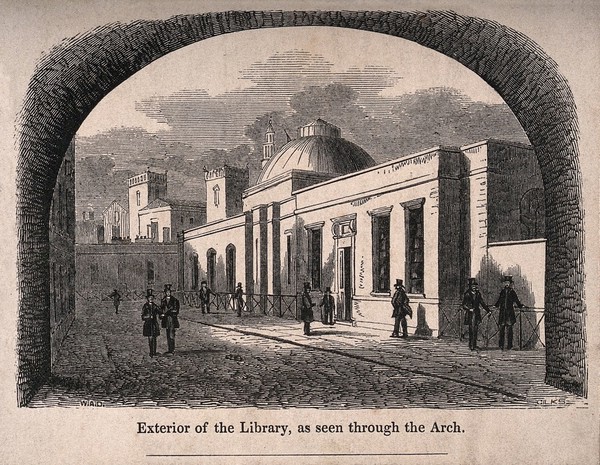 St Bartholomew's Hospital, London: the library viewed through an archway. Wood engraving by E. Gilks after a photograph by W. A. Delamotte.
