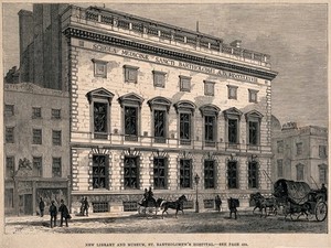 view St Bartholomew's Hospital, London: the library, seen from Giltspur Street. Wood engraving, 1879, after [J.W.].