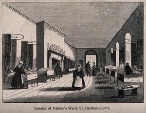 view St Bartholomew's Hospital, London: the interior of a ward with nurses and patients. Wood engraving by E. Gilks after W. A. Delamotte.