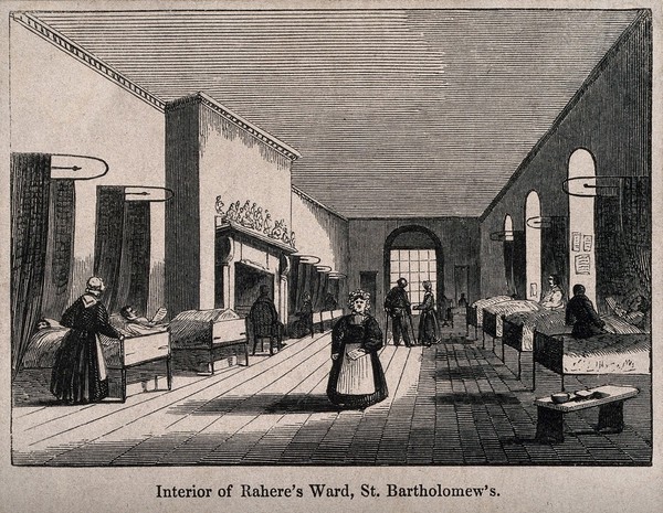 St Bartholomew's Hospital, London: the interior of a ward with nurses and patients. Wood engraving by E. Gilks after W. A. Delamotte.