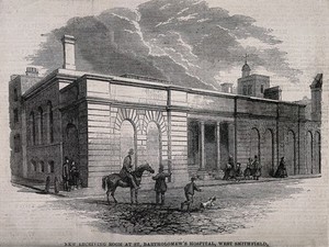 view St Bartholomew's Hospital, London: the receiving room, seen from Smithfield. Wood engraving, 1862.