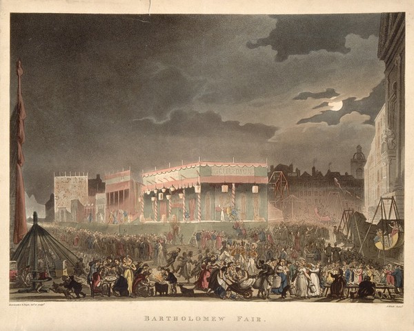 Bartholomew Fair, London: scene of night-time revelry at the fair in Smithfield, outside St Bartholomew's Hospital. Coloured aquatint by J. Bluck after A. Pugin and T. Rowlandson, 1808.