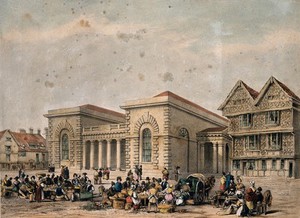 view St. Bartholomew's Hospital, London: the receiving room with half-timbered houses to the right and fruit and vegetable vendors setting up stalls in the foreground. Coloured lithograph.