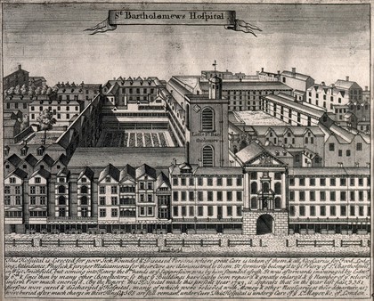 St Bartholomew's Hospital, London: a bird-eye view of the courtyard from Smithfield. Engraving.