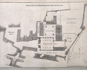 view St Katharine's Church and Hospital, London: a ground-plan with scale and north point. Engraving by F. Cary.