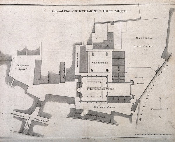 St Katharine's Church and Hospital, London: a ground-plan with scale and north point. Engraving by F. Cary.