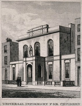 Universal Infirmary for Children, Waterloo Road, London: the entrance. Engraving by J. Shury after T. H. Sheppard, 1832.