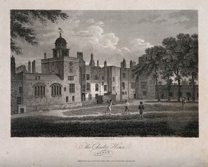 view Charterhouse Hospital, London: boys playing cricket. Engraving by J. Storer after himself, 1804.