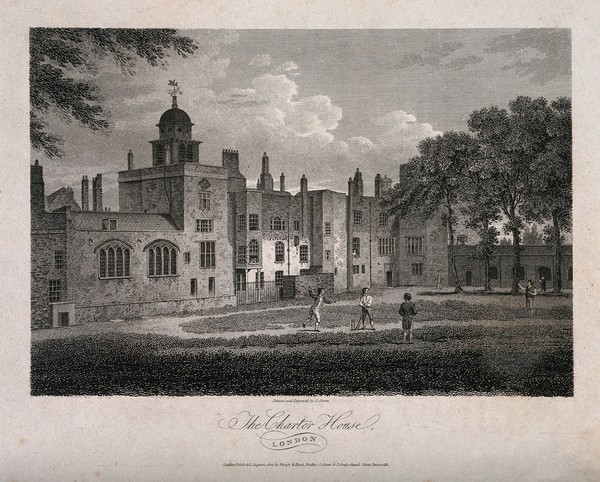 Charterhouse Hospital, London: boys playing cricket. Engraving by J. Storer after himself, 1804.