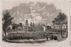 view The Charterhouse, London: boys playing cricket. Wood engraving, 1862.