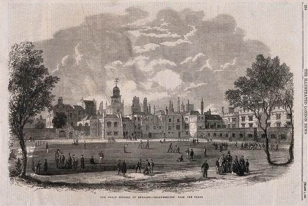 The Charterhouse, London: boys playing cricket. Wood engraving, 1862.