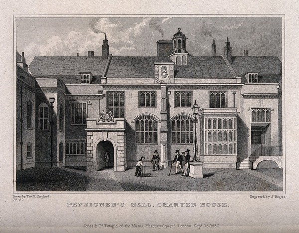 Charterhouse Hospital School, London: boys playing cricket. Engraving by J. Rogers after T. H. Shepherd, 1830.