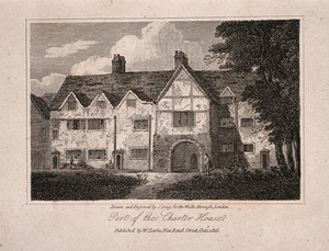 view Charterhouse Hospital, London: half-timbered houses. Engraving by J. Greig after himself, 1816.