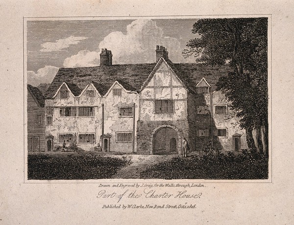 Charterhouse Hospital, London: half-timbered houses. Engraving by J. Greig after himself, 1816.