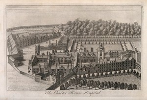 view The Charterhouse, London: an aerial view. Engraving by W. H. Toms, 1739.