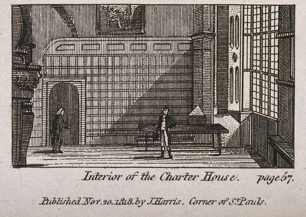 The Charterhouse, London: the Great Chamber, with two figures. Engraving, 1813.