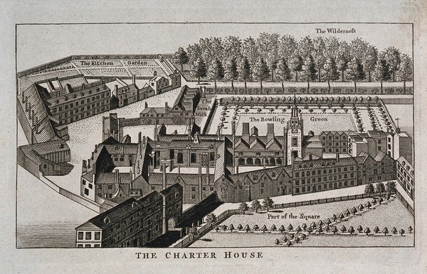 The Charterhouse, London: a bird's-eye view. Engraving.