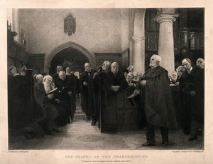 view The Charterhouse, London: the Chapel, with a service in progress. Engraving by Boussod, Valadon & Cie. after H. von Herkomer.