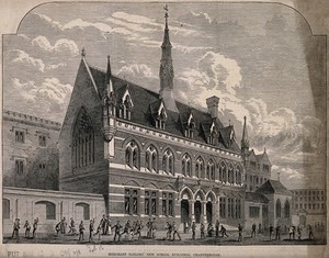 view The Merchant Taylor's School, Charterhouse, London: the new buildings. Wood engraving by B. Fleming, 1875.