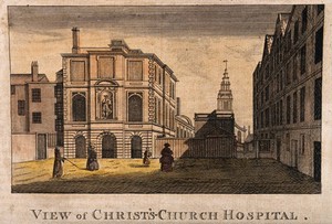 view Christ's Hospital, London: the exterior. Coloured engraving.