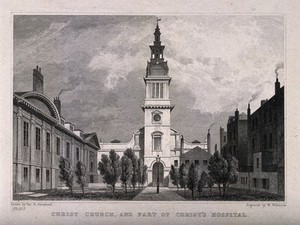 view Christ's Hospital, London: the church and the quadrangle. Engraving by W. Wilkinson after T. H.Shepherd.