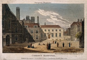 view Christ's Hospital, London: the exterior, with boys playing. Coloured engraving by W. Wilkinson after T. H. Shepherd, 1831.