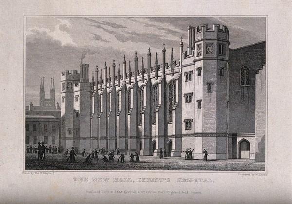 Christ's Hospital, London: the exterior of the Hall. Engraving.