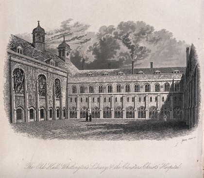 Christ's Hospital, London: the exterior of the Hall. Engraving by H. Shaw, 1834.