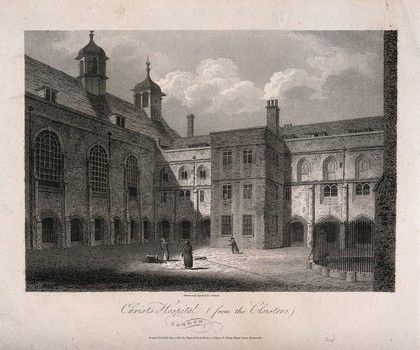 Christ's Hospital, London: the exterior of the Hall. Engraving by J. Storer after himself, 1804.