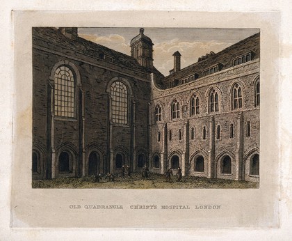 Christ's Hospital, London: the exterior of the Hall and part of the cloisters. Coloured engraving, c.1826.