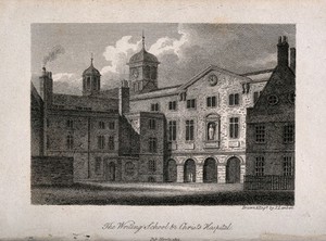 view Christ's Hospital, London: the exterior of the Writing School. Engraving by J. Lambert after himself, 1812.
