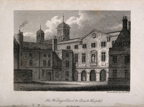 Christ's Hospital, London: the exterior of the Writing School. Engraving by J. Lambert after himself, 1812.