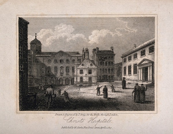 Christ's Hospital, London: the exterior of the Hall. Engraving.