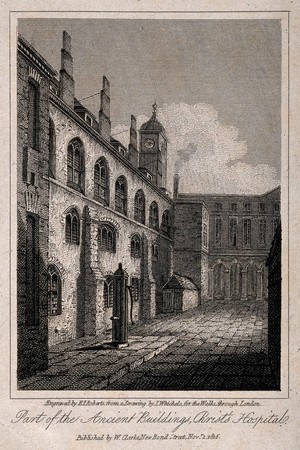 view Christ's Hospital, London: the exterior of the Hall. Engraving by E. J. Roberts, 1816, after J. Whichelo.